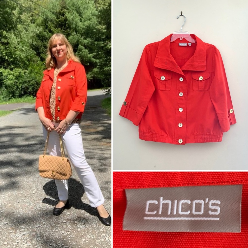 Chico’s orange jacket with cowl neck collar and 3/4 sleeves Size M